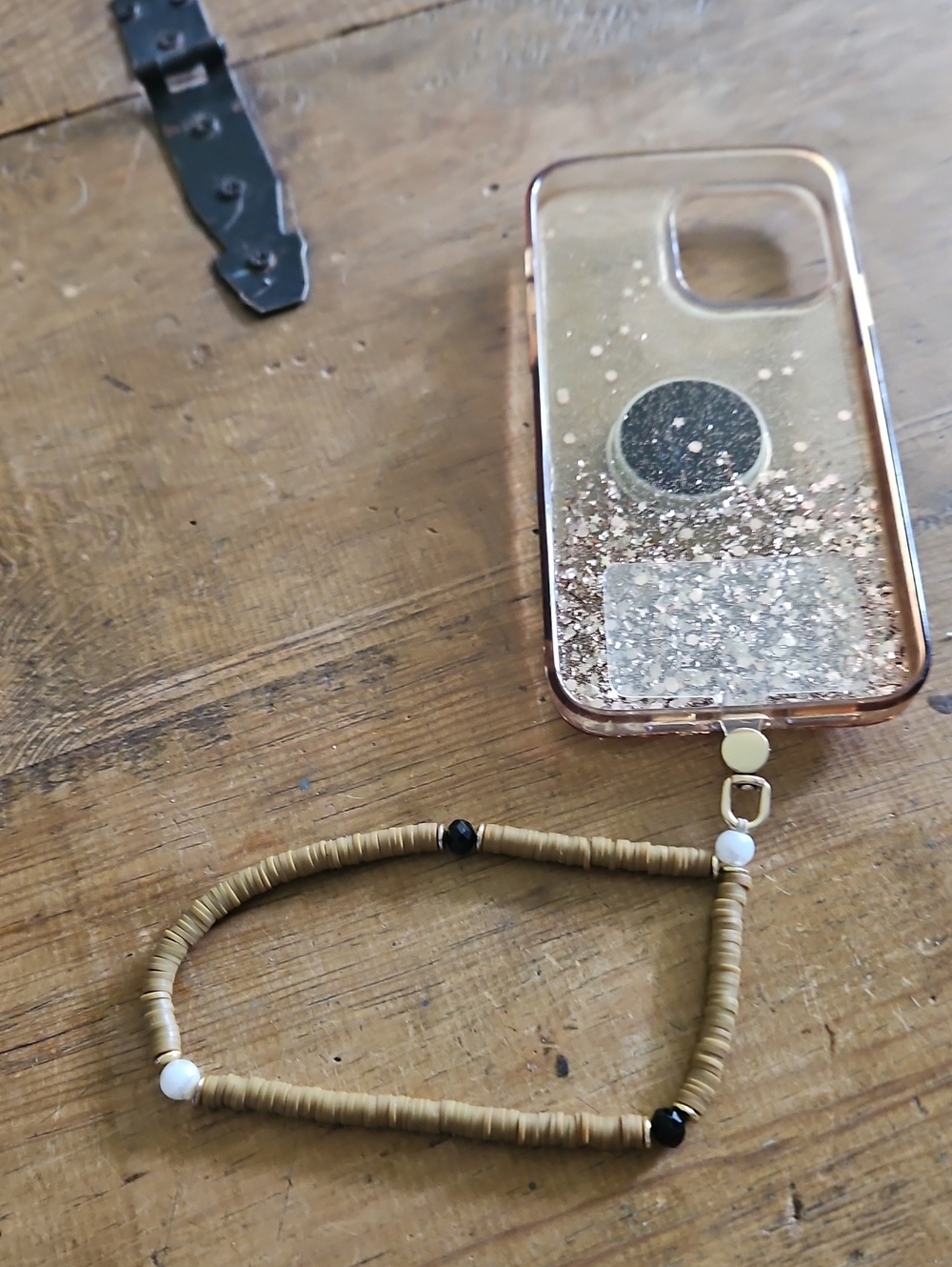 Clear Gold Glitter Phone Case with Beaded Wrist Strap - Gold
